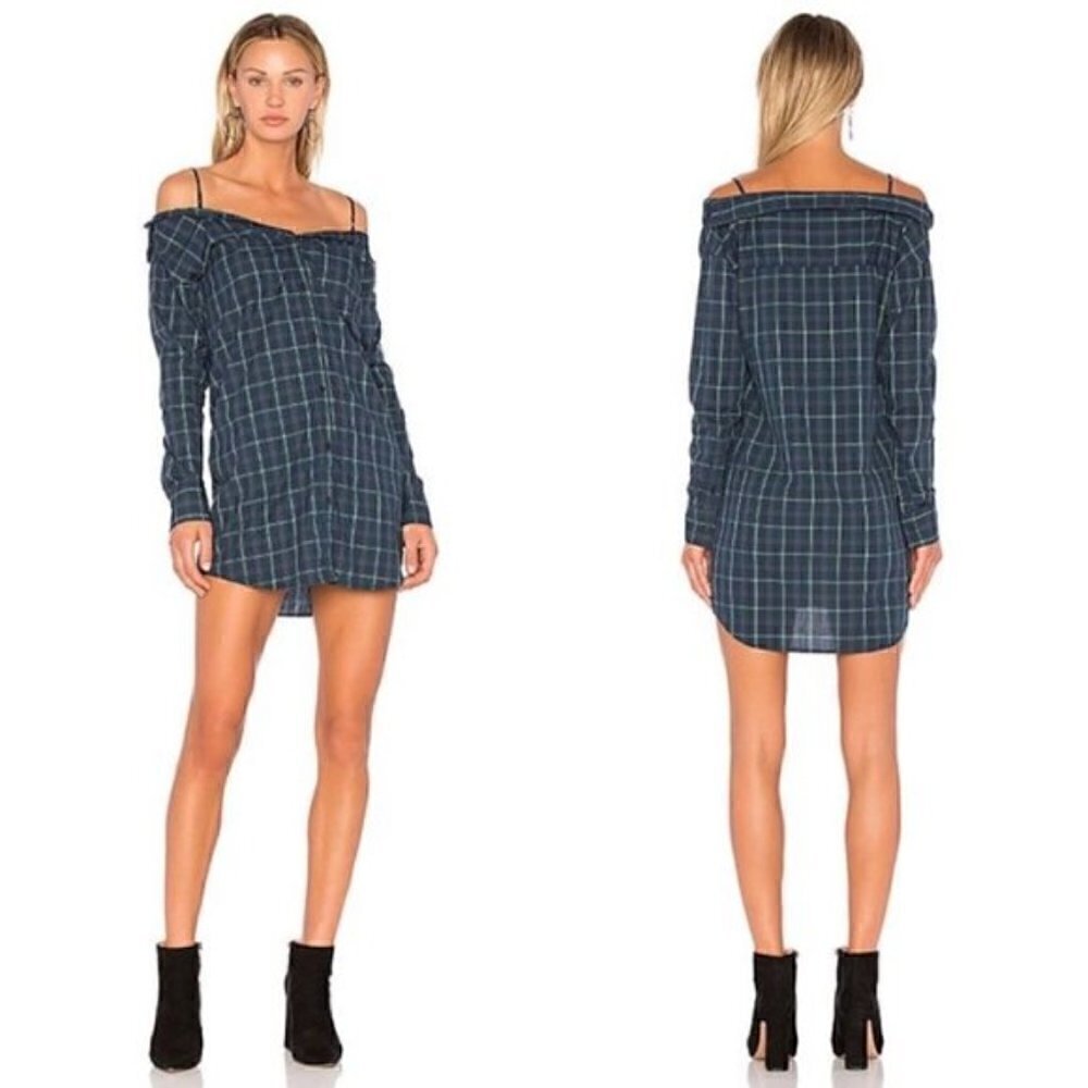 Revolve Bailey 44 Dress XS NWT Anglin Off Mini Plaid Green Shirtdress Boyfriend